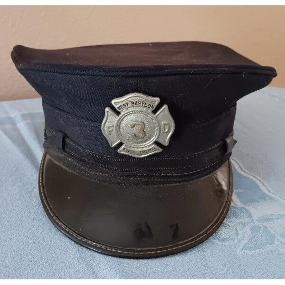 Vintage West Babylon NY Fire Dept Hat & Badge Engine 3 Obsolete